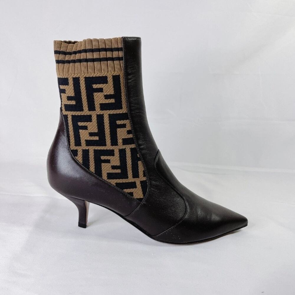 FENDI Rockoko FF logo stretch knit leather heeled ankle boots - Picture 8 of 11